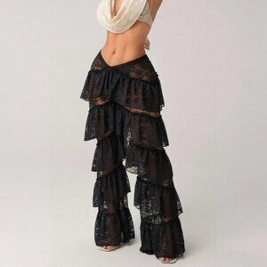 Black Y2k Women's Sexy Low Waist Western Party Pants with Ruffle Hem